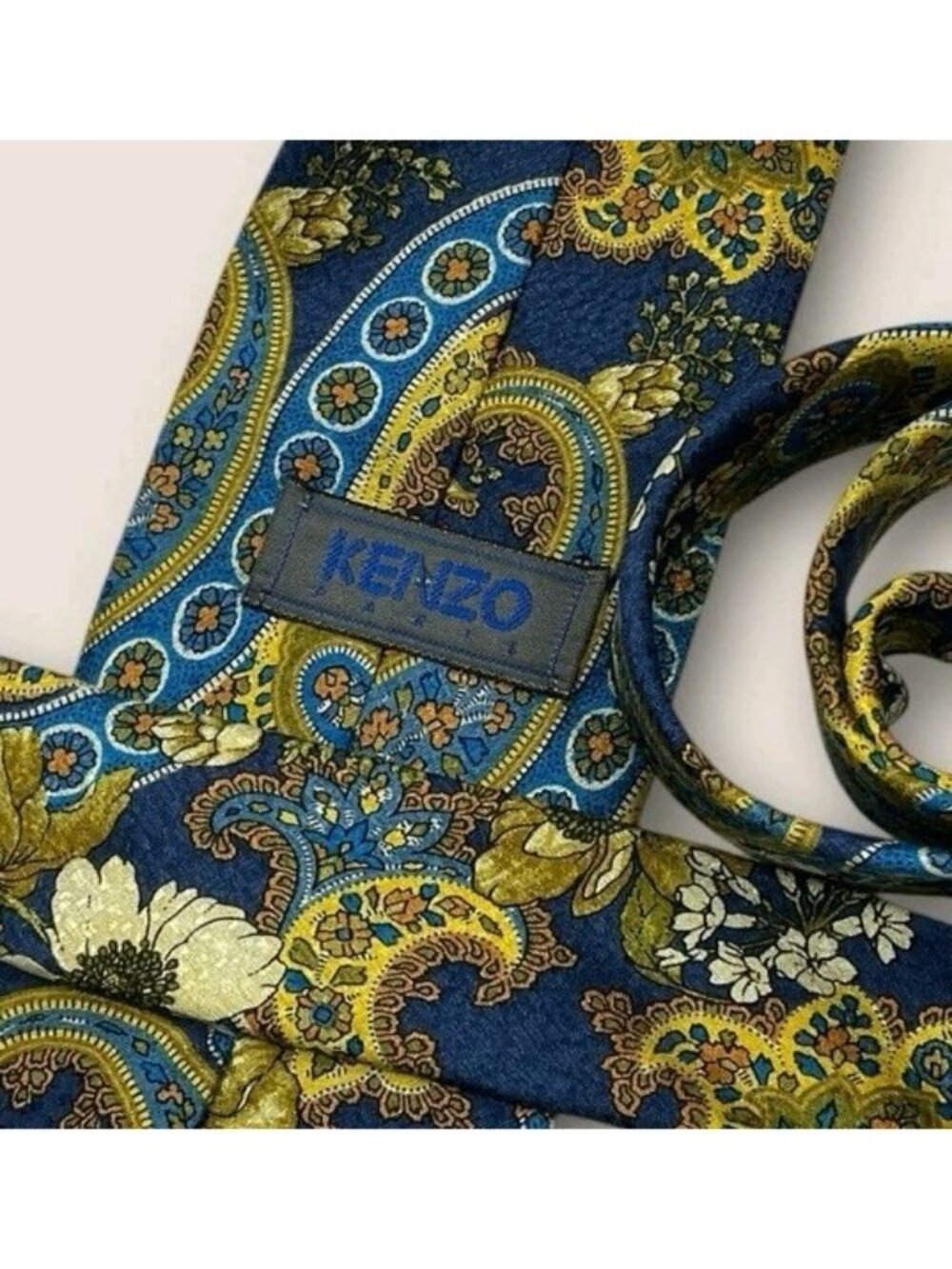 KENZO Silk Tie ITALY Blue Yellow Green Paisley Floral W:4" EUC - Picture 2 of 4